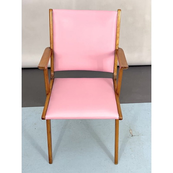 Image 1 of Chaise d'appoint italienne vintage en bois et simili cuir rose, Italie années 1950