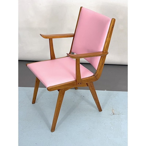 Image 1 of Chaise d'appoint italienne vintage en bois et simili cuir rose, Italie années 1950