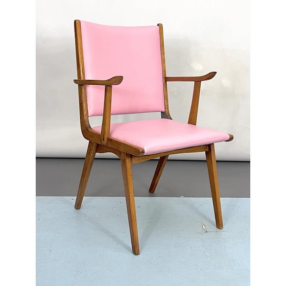 Image 1 of Chaise d'appoint italienne vintage en bois et simili cuir rose, Italie années 1950