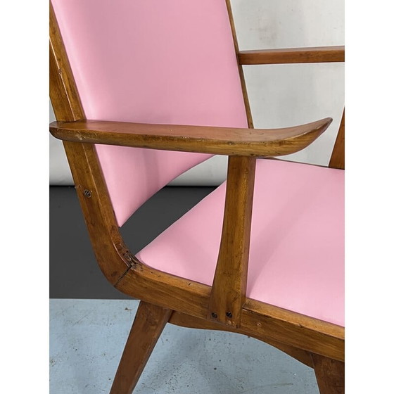 Image 1 of Chaise d'appoint italienne vintage en bois et simili cuir rose, Italie années 1950