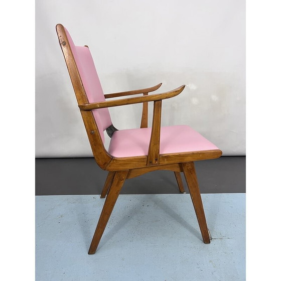 Image 1 of Chaise d'appoint italienne vintage en bois et simili cuir rose, Italie années 1950