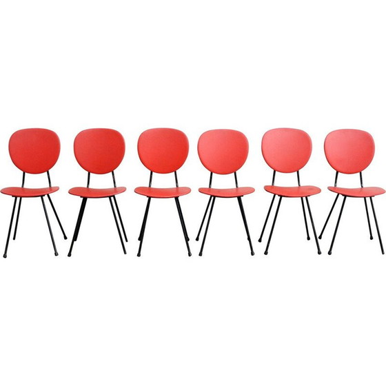 Image 1 of 6 chaises vintage en simili cuir rouge et méta tubing années 50