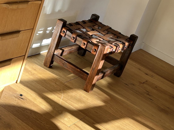 Image 1 of Tabouret en bois brut brésilien en cuir Side Table Pouf