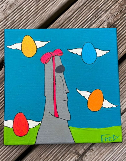 Moai De Pâques. Acrylique De Frédéric Cadiou 