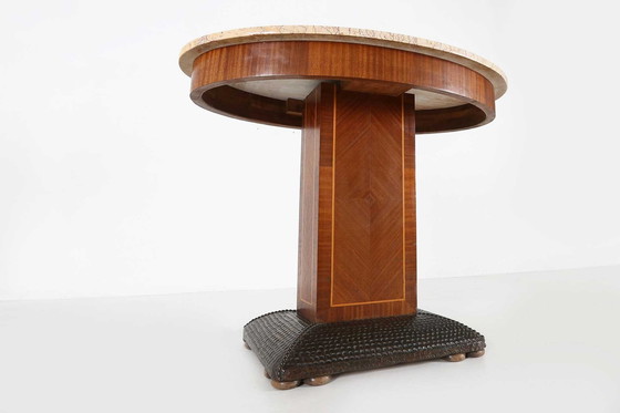 Image 1 of Table d'appoint Art Déco par De Coene Freres avec incrustation de bois et plateau en marbre, 1930S