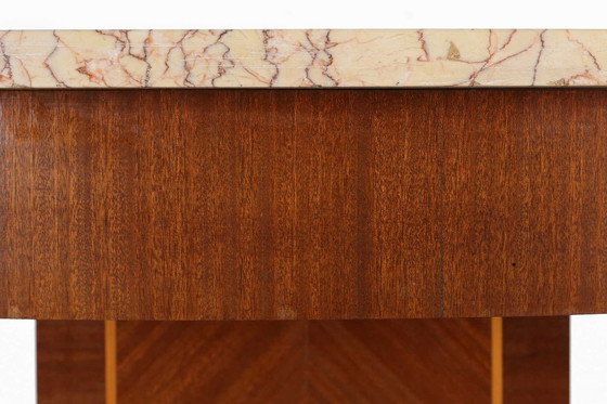 Image 1 of Table d'appoint Art Déco par De Coene Freres avec incrustation de bois et plateau en marbre, 1930S