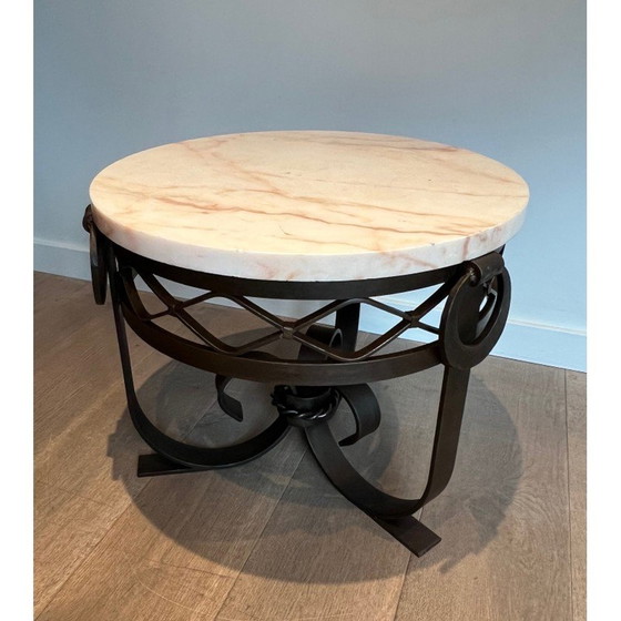 Image 1 of Guéridon vintage Art Déco en fer forgé et martelé avec plateau en marbre blanc, 1940