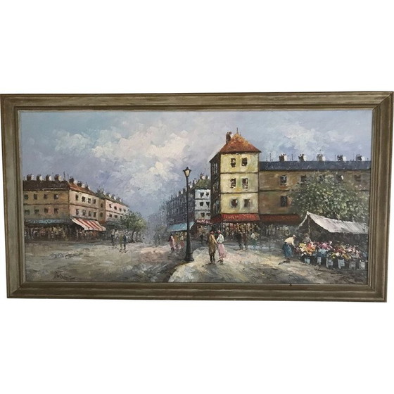 Image 1 of Huile sur toile vintage "Scène animée parisienne".