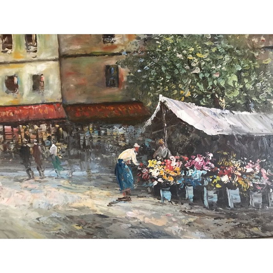 Image 1 of Huile sur toile vintage "Scène animée parisienne".