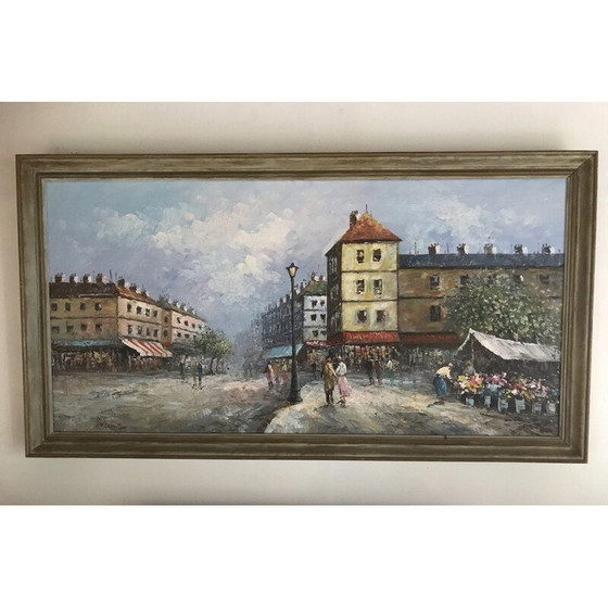 Image 1 of Huile sur toile vintage "Scène animée parisienne".