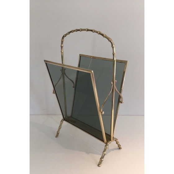 Image 1 of Porte-revues vintage en bronze avec panneaux latéraux en verre bleuté, 1940