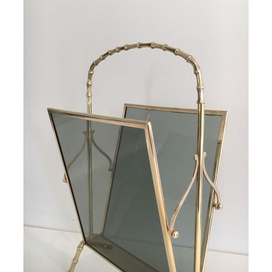 Image 1 of Porte-revues vintage en bronze avec panneaux latéraux en verre bleuté, 1940