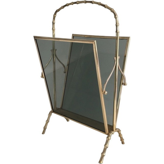 Image 1 of Porte-revues vintage en bronze avec panneaux latéraux en verre bleuté, 1940