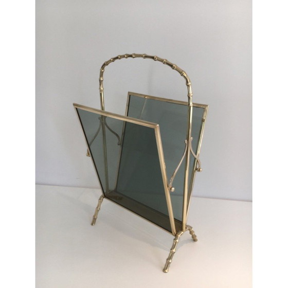 Image 1 of Porte-revues vintage en bronze avec panneaux latéraux en verre bleuté, 1940