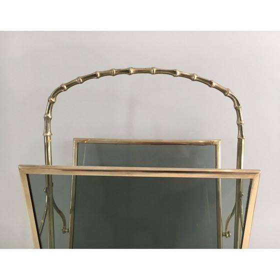 Image 1 of Porte-revues vintage en bronze avec panneaux latéraux en verre bleuté, 1940