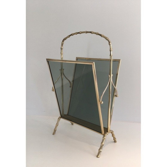 Image 1 of Porte-revues vintage en bronze avec panneaux latéraux en verre bleuté, 1940
