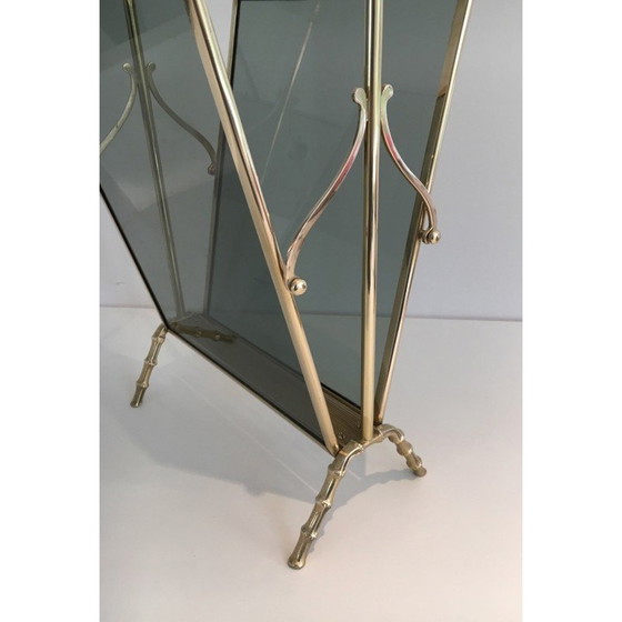 Image 1 of Porte-revues vintage en bronze avec panneaux latéraux en verre bleuté, 1940