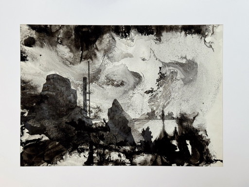 Paysage d'obsidienne (encre) Grand format - Eugène Eechaut (1928-2019)