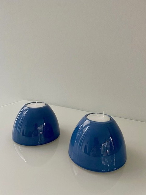 Image 1 of 2X Bougeoirs en céramique émaillée bleue