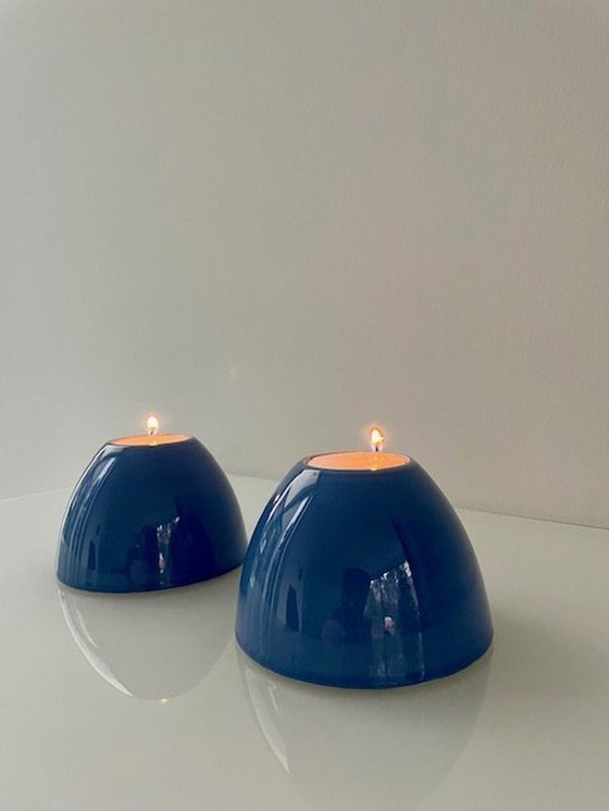 Image 1 of 2X Bougeoirs en céramique émaillée bleue