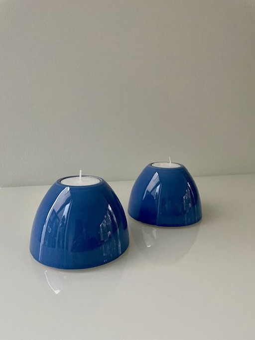 2X Bougeoirs en céramique émaillée bleue