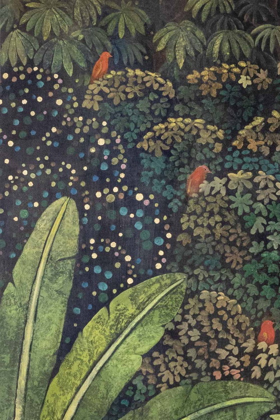 Image 1 of Toile Peinte Représentant Des Oiseaux Dans La Savane. Contemporain.