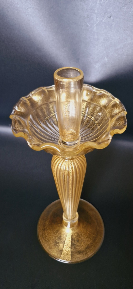 Image 1 of Set de deux bougeoirs en verre de Murano avec feuilles d'or