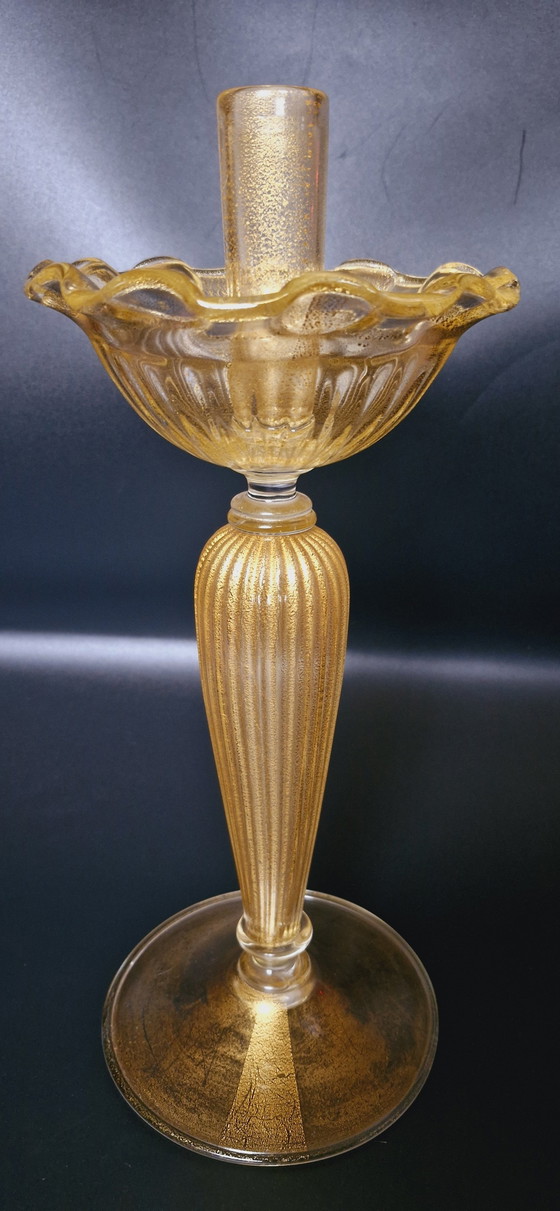 Image 1 of Set de deux bougeoirs en verre de Murano avec feuilles d'or