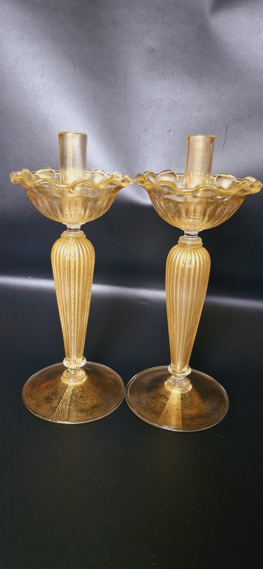 Set de deux bougeoirs en verre de Murano avec feuilles d'or