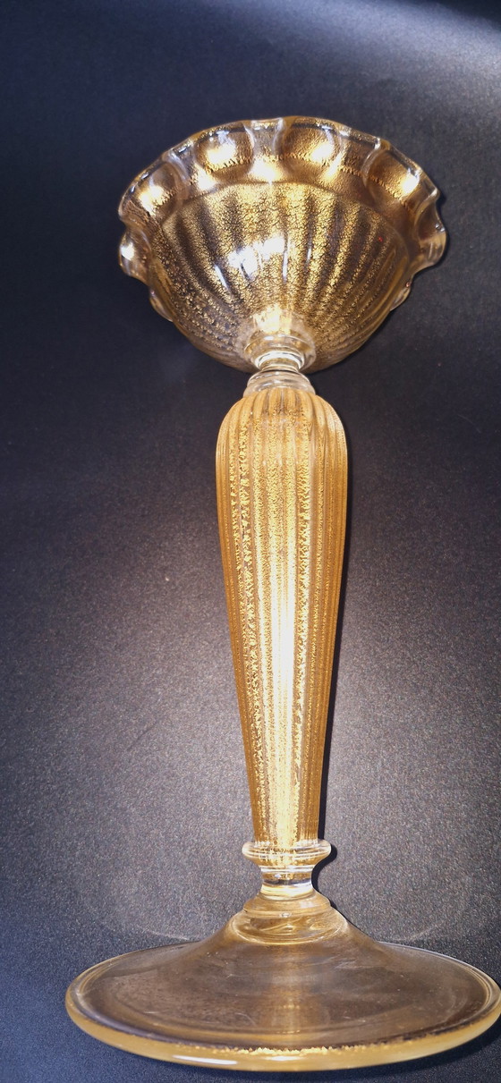 Image 1 of Set de deux bougeoirs en verre de Murano avec feuilles d'or