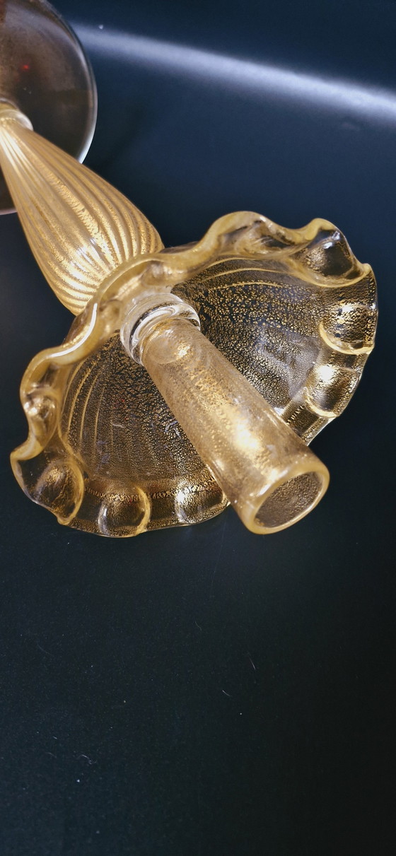 Image 1 of Set de deux bougeoirs en verre de Murano avec feuilles d'or