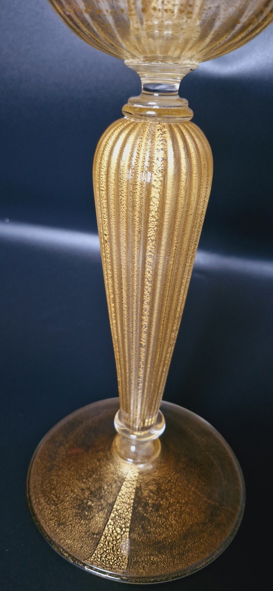 Image 1 of Set de deux bougeoirs en verre de Murano avec feuilles d'or