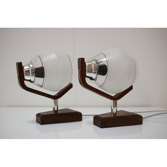 Image 1 of Paire de lampes de table vintage en bois et verre par Dřevo Humpolec, Tchécoslovaquie 1940