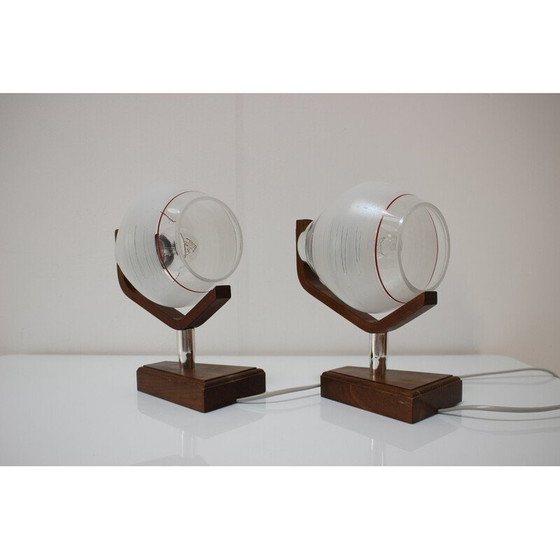 Image 1 of Paire de lampes de table vintage en bois et verre par Dřevo Humpolec, Tchécoslovaquie 1940