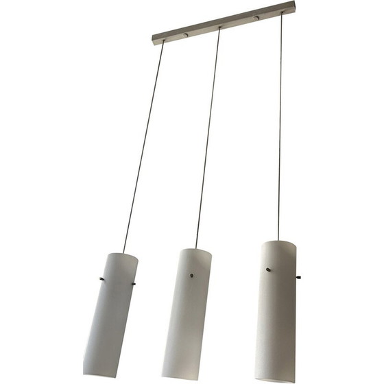 Image 1 of Lampe suspendue vintage en verre opalin doublé avec 3 globes, 1965