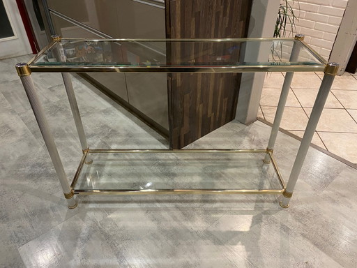 Console Double Plateau Verre Métal Doré Et Argenté Le Dauphin France Vintage 1970