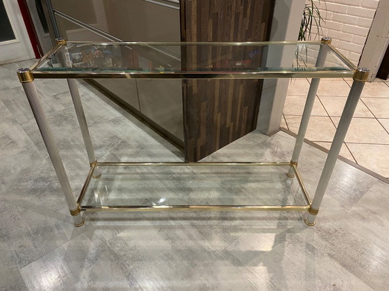 Image 1 of Console Double Plateau Verre Métal Doré Et Argenté Le Dauphin France Vintage 1970