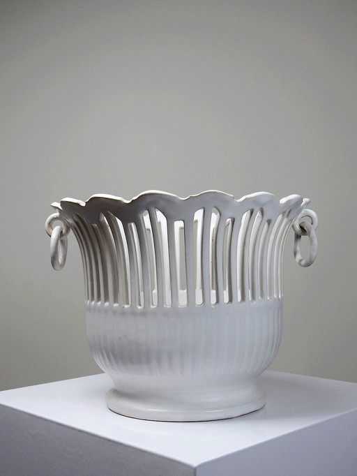 Cache Pot Faïence Blanche Ajourée Malicorne Bourg-Joly Emile Tessier 1960