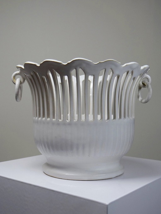 Cache Pot Faïence Blanche Ajourée Malicorne Bourg-Joly Emile Tessier 1960