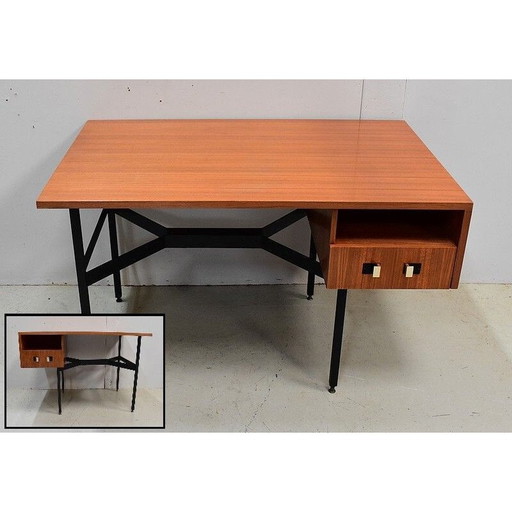 Bureau double vintage en placage de teck par Gérard Guermonprez, 1950