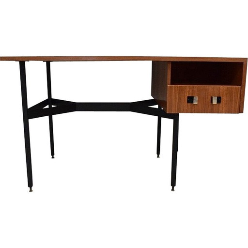 Bureau double vintage en placage de teck par Gérard Guermonprez, 1950