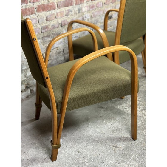 Image 1 of Paire de fauteuils vintage "Bow wood" en frêne courbé et tissu par Hugues Steiner, années 1950