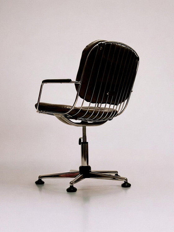 Image 1 of C. 1980 - Fauteuil De Bureau En Chrome Et Cuir Marron - 