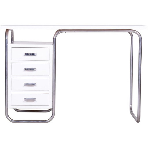 Bureau Bauhaus blanc vintage en métal chromé par Robert Slezak, Tchécoslovaquie