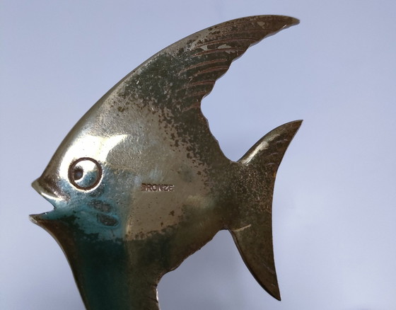 Image 1 of Paire Serre-Livres Poissons Bronze Marbre Noir Design