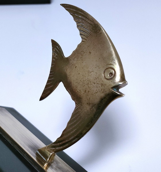 Image 1 of Paire Serre-Livres Poissons Bronze Marbre Noir Design