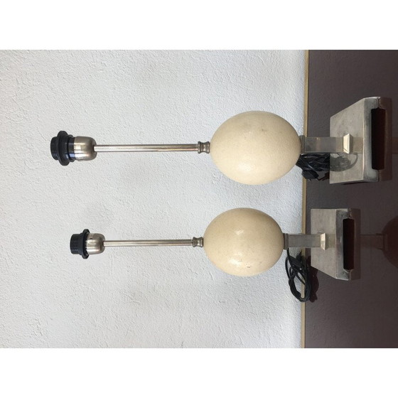 Image 1 of Paire de lampes vintage Oeuf d'autruche monté sur base métallique, 1970