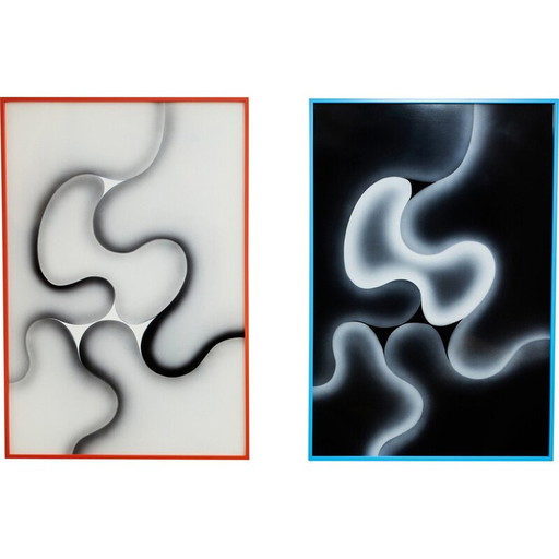 Paire de tableaux vintage en plexiglas et bois pour Les Simonnet, 1996