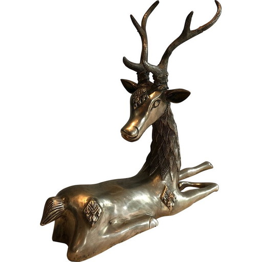 Sculpture vintage "Cerf couché" en laiton, France 1970