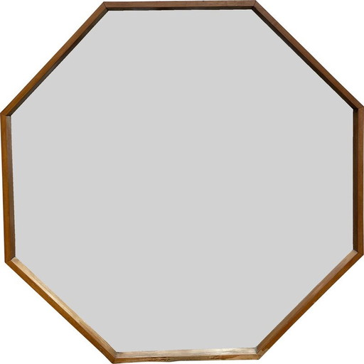 Miroir octogonal vintage en bois d'arbre fruitier, Danemark 1970